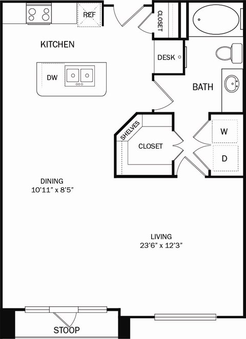Floor plan for studio, 1 bath, 774 sqft